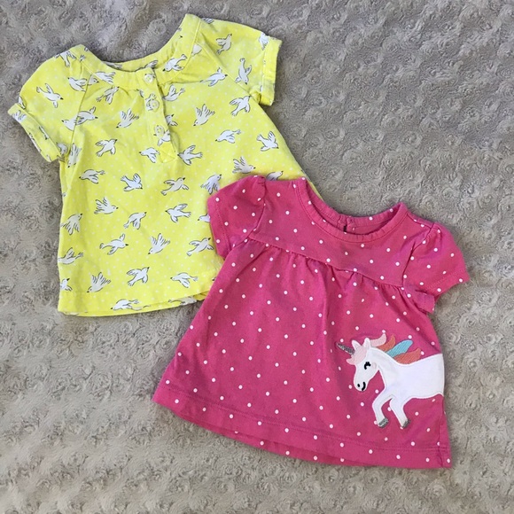 Carter’s Baby Girl Tops Bundle Size 3 Months Unicorn Bird Print Yellow Pink - Picture 1 of 4